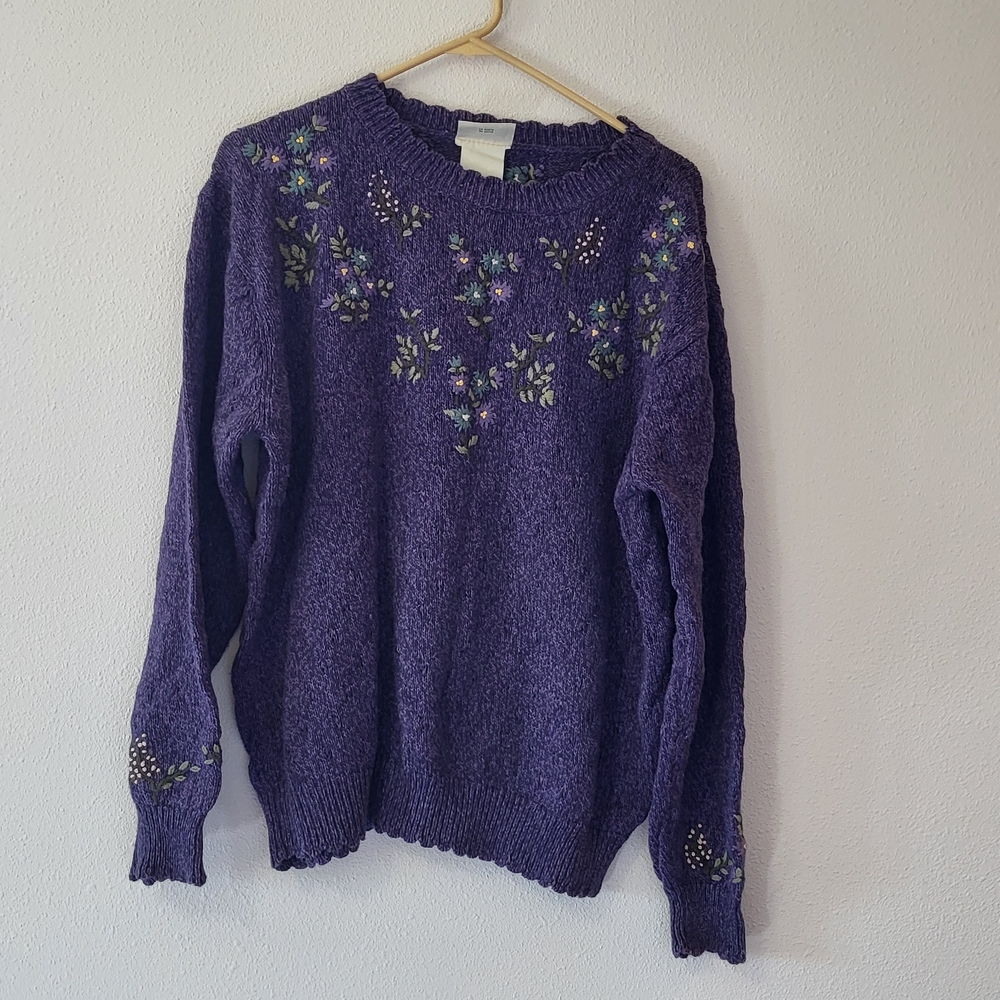 Northern Reflections Purple Floral Embroidered Crewneck Sweater